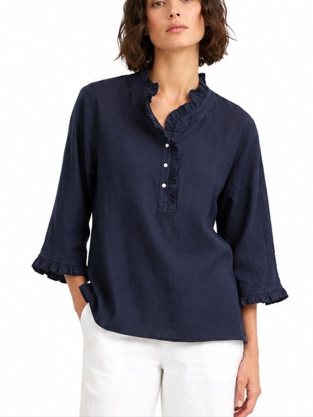 Rungolee Navy Blue Ruffle Popover Blouse Cotton Long Sleeve Small